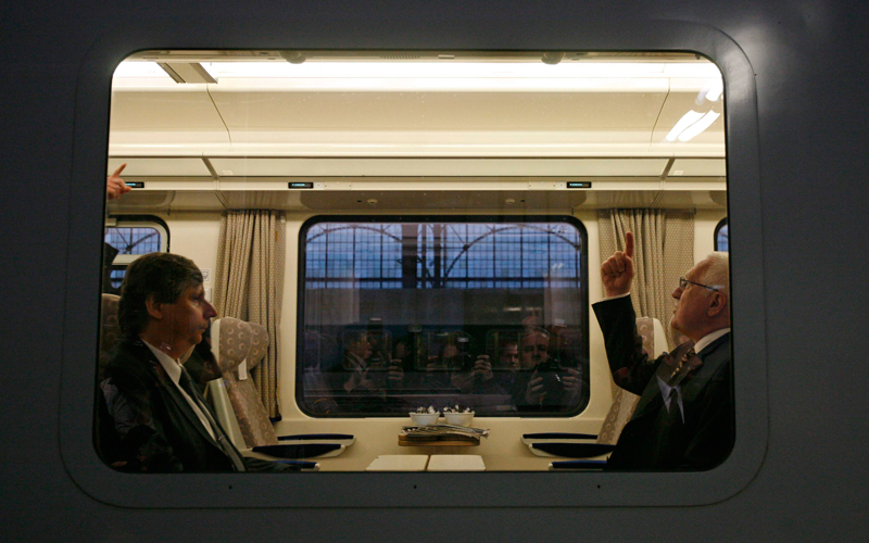 Czech Republic's President Vaclav Klaus (R) and Prime Minister Jan Fischer sit in the train in Prague on April 18. Klaus and Fischer left on Sunday for the funeral of late Polish President Lech Kaczynski and his wife Maria who died in a plane crash in Russia last Saturday. Airports across Europe were closed until at least Monday due to volcanic ash in the skies coming from Iceland. (Reuters)