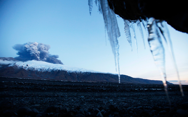 Icicles hang from a cliff as a volcano continues to erupt near  Eyjafjallajokull on April 17. The Icelandic volcano that is spewing ash into the air and wreaking havoc on flights across Europe appeared to be easing up on Saturday but could continue to erupt for days or even months to come, officials said. (Reuters)