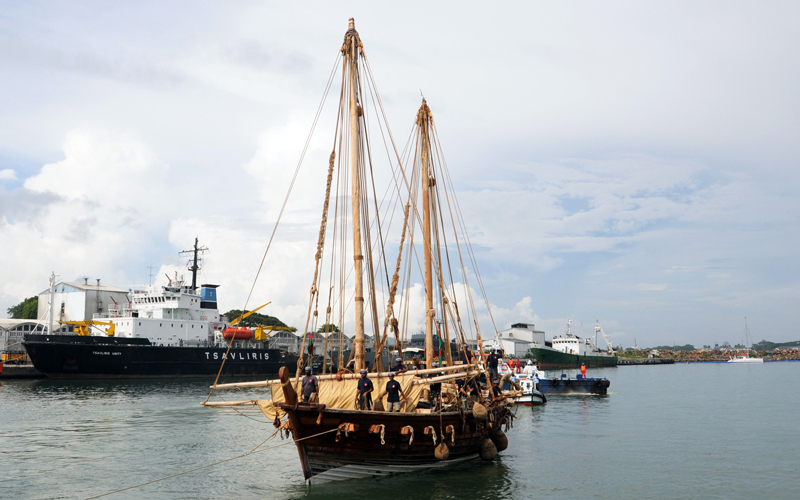 The Jewel of Muscat, a reconstructed replica of a ninth century Omani trading ship, sails into the harbour of Galle, 116 km (72 miles) south of the Sri Lankan capital Colombo, on April 19. The ship, built in a traditional design without nails and sewn together with coconut fibers, left Oman on February 15 to re-enact the old trade routes used by Arab traders, with its final port of call in Singapore, according to the organisers of the voyage. (AFP)