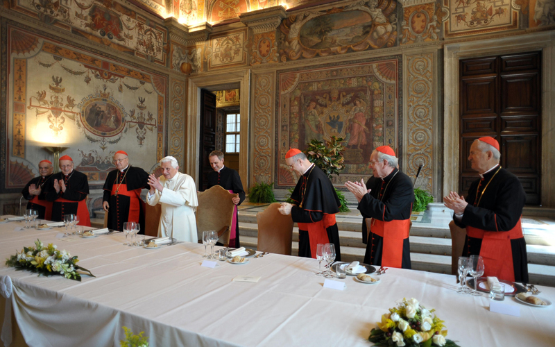 Pope Benedict XVI addreses a gathering of cardinals as he marks the fifth anniversary of his pontification at the Vatican on April 19. Pope Benedict XVI reached the five-year mark as pontiffwith the Roman Catholic church mired in crisis over its handling of paedophile priest scandals. (AFP)