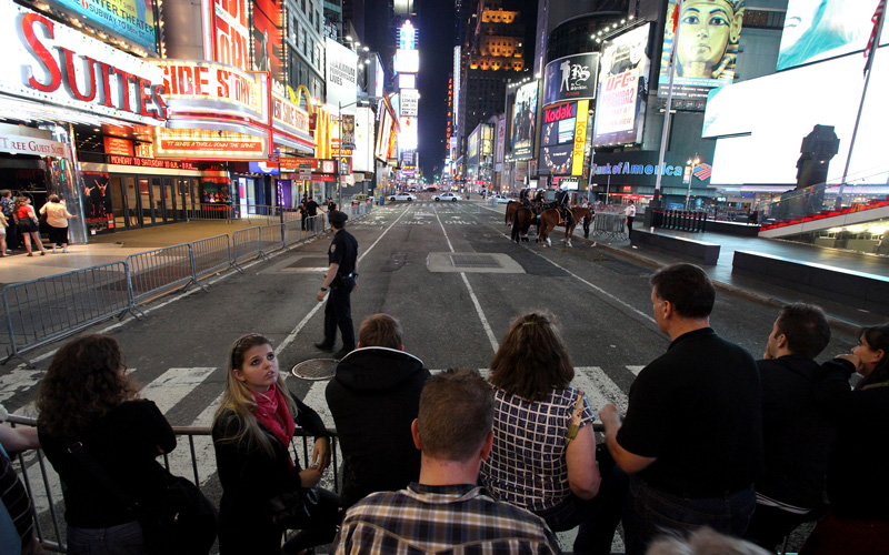 Times Square is void of pedestrians just south of 46th Street in New York Saturday, May 1, 2010. Police have closed some streets in New York City's Times Square as they investigate a car that has been "deemed suspicious."  (AP)