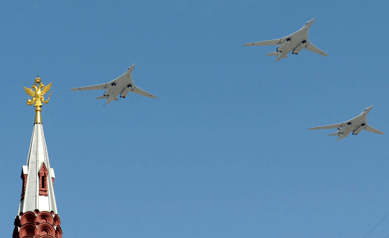 Russian Tu-22 M3 bombers fly over Red Square during the Victory Day parade in Moscow on May 9, 2010. Troops from four NATO states marched through Red Square for the first time Sunday as Russia marked victory in World War II with its biggest military parade since the collapse of the Soviet Union. (AFP)