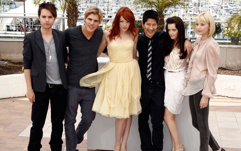 From left, actor Thomas Dekker, actor Chris Zylka, actress Nicole Laliberte, director Gregg Araki, actress Roxane Mesquida and actress Haley Bennett pose during a photo call for the film "Kaboom", at the 63rd international film festival, in Cannes, southern France, Saturday, May 15, 2010. (AP)