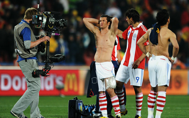 Dejected Nelson Valdez of Paraguay after being knocked out of the tournament during the 2010 FIFA World Cup South Africa Quarter Final match between Paraguay and Spain at Ellis Park Stadium in Johannesburg, South Africa.  (GETTY IMAGES)