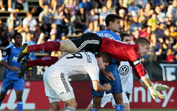 Goalkeeper Troy Perkins #23 of the D.C. United comes down on teammate Devon McTavish #18 defending against the San Jose Earthquakes at Buck Shaw Stadium in Santa Clara, California. (AFP)