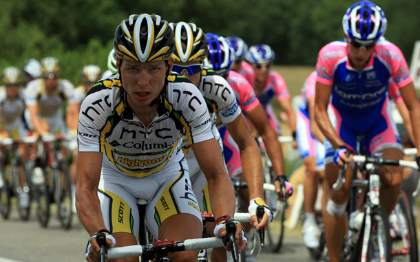 Tony Martin (l) of Germany and HTC Columbia leads the peloton during stage thirteen of the 2010 Tour de France from Rodez in Revel, France.  (GETTY IMAGES)