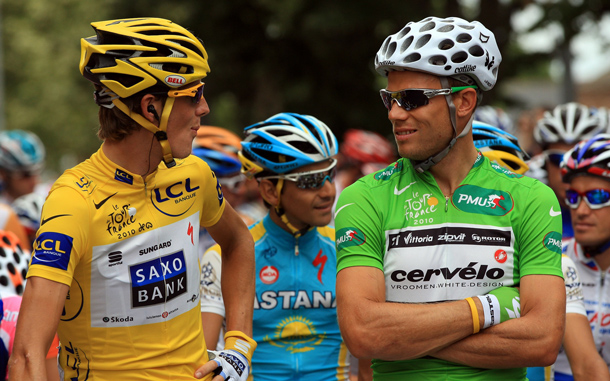 Race leader Andy Schleck of Luxembourg and Team Saxo Bank chats to Thor Hushovd of Norway and the Cervelo Test Team during stage thirteen of the 2010 Tour de France. (GETTY IMAGES)