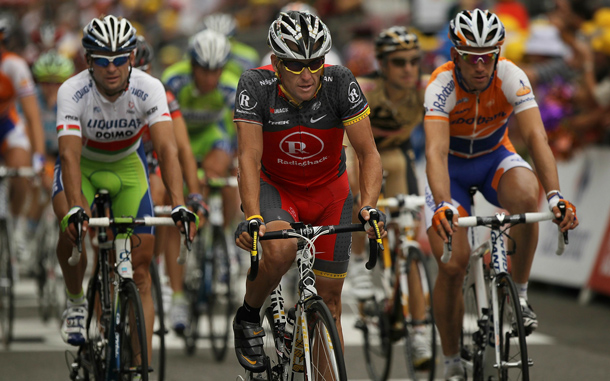 Lance Armstrong of team RadioShack crosses the finish line of the 196km Stage 13 of the Tour de France. Armstrong is currently in 36th place, over 25 minutes back.The hilly stage from Rodez featured a final climb, the category three 1.9-kilometres Saint-Ferreol. While Luxembourg's Andy Schleck of team Saxo Bank continues to wear the yellow jersey, Astana rider Alexandre Vinokourov won the stage.The iconic bicycle race will include a total of 20 stages and will cover 3,642km before concluding in Paris on July 25. (GETTY IMAGES)