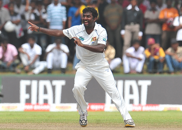 Sri Lankan cricketer Muttiah Muralitharan unsuccessfully appeals for a Leg Before Wicket (LBW) decision against Indian batsman VVS Laxman during the fifth day of the first Test match between Sri Lanka and India at The Galle International Cricket Stadium in Galle. Hosts Sri Lanka were well-placed to win the first Test against India after spin wizard Muttiah Muralitharan wreaked havoc in his final match. The world's leading wicket-taker grabbed 5-63 in the first innings as India were forced to follow on after being shot out for 276 on the fourth day in reply to Sri Lanka's 520-8 declared. Sling-arm fast bowler Lasith Malinga then claimed three wickets to leave the tourists' second innings tottering at 181-5 at stumps, still 63 runs away from avoiding an innings defeat. (AFP)