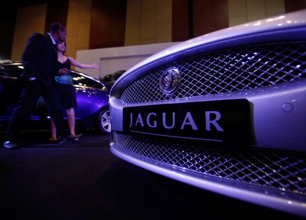 A Jaguar is displayed at the Hyderabad International Auto Show in Hyderabad, India. (AP)