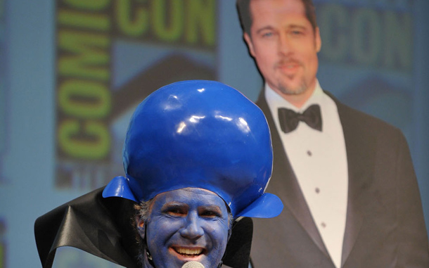 Actor Will Ferrell speaks with a cardboard cut-out of Brad Pitt behind him at the "Megamind" panel during the comic book convention Comic-Con 2010 in San Diego. (AFP)