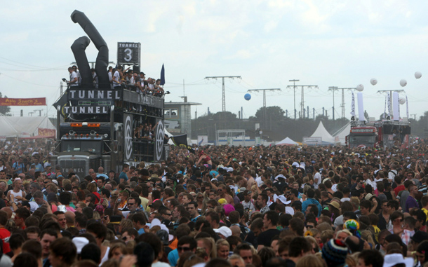 Hundreds of thousands of people attend the Love Parade festival in Duisburg, Germany. At least 18 people were crushed to death and dozens injured in a stampede at Germany's famous Love Parade festival. (GETTY IMAGES)