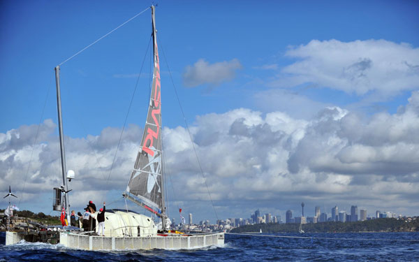 The 'Plastiki' enters the harbour in  Sydney, Australia. The Plastiki, which is made from 12,500 plastic bottles, successfully sailed accross the Pacific Ocean from San Francisco. (EPA)