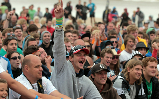 Crowds cheer as contestants in the 2010 Nuts Magazine Bikini Babe competition at the Relentless Boardmasters on Fistral beach dance on stage in Newquay, England Said to be the UK home of surfing, Newquay in Cornwall is playing host to the annual 5-day surf and music festival which attracts some of the world's best surfers to the competition and the 120,000USD prize money. (GETTY IMAGES)