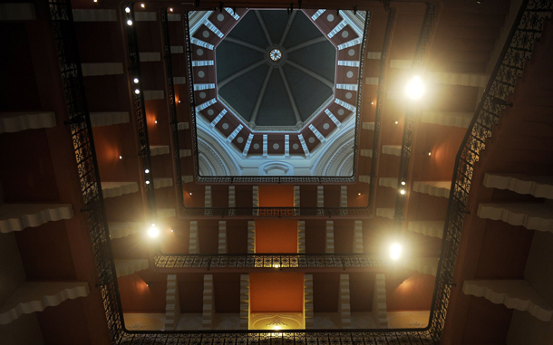 Interior view of the dome of the newly-restored heritage wing of Mumbai's landmark Taj Mahal Palace and Tower hotel before its reopening on August 15. Restoration work on the 105-year old section of the luxury hotel has taken 18 months after it was badly-damaged by fire, shooting and explosions when four heavily-armed Islamist gunmen stormed the building on November 26, 2008. (AFP)