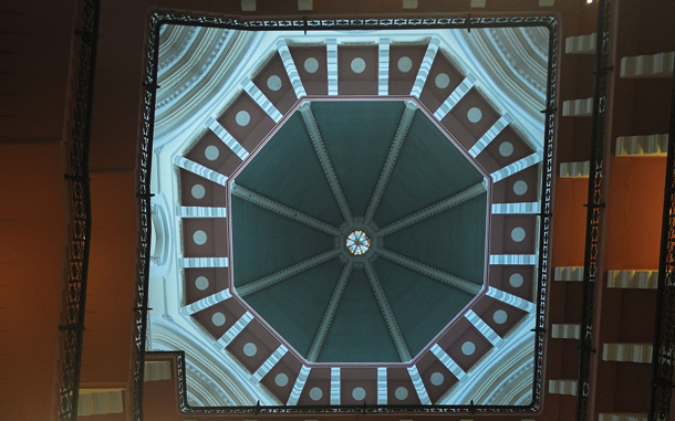 Interior view of the dome of the newly-restored heritage wing of Mumbai's landmark Taj Mahal Palace and Tower hotel is seen before its reopening on August 15. Restoration work on the 105-year old section of the luxury hotel has taken 18 months after it was badly-damaged by fire, shooting and explosions when four heavily-armed Islamist gunmen stormed the building on November 26, 2008. (AFP)