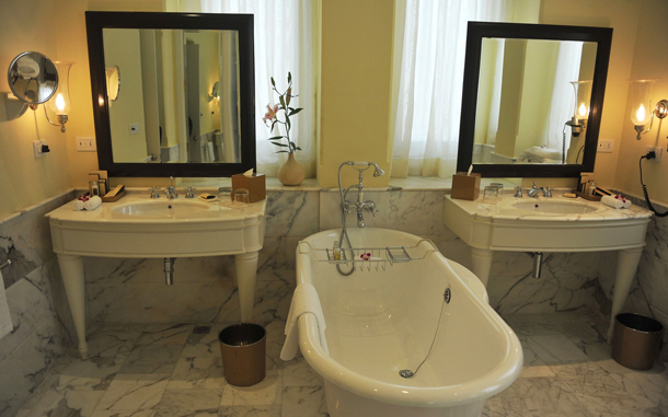 A room's bathroom in the newly-restored heritage wing of Mumbai's landmark Taj Mahal Palace and Tower hotel is seen before its reopening on August 15. (AFP)