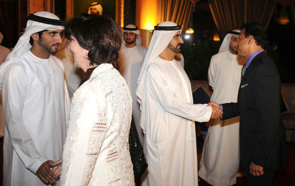 Sheikh Mohammed and Sheikh Hamdan bin Mohammed Al Maktoum, Crown Prince of Dubai, receiving wishes from business leaders