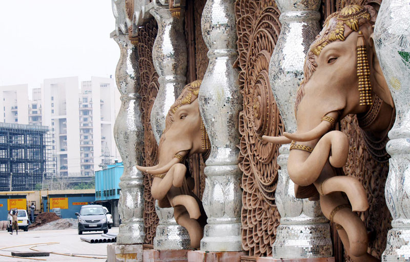 Elephants sculptures are seen at the Bollywood theme park 'Kingdom of Dreams' in Gurgaon, Haryana state, India. (EPA)