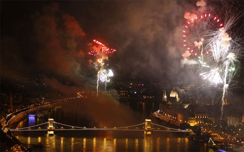 Fireworks soar above the banks of Danube River in Budapest during the final celebrations of the Hungarian national day. (AFP)