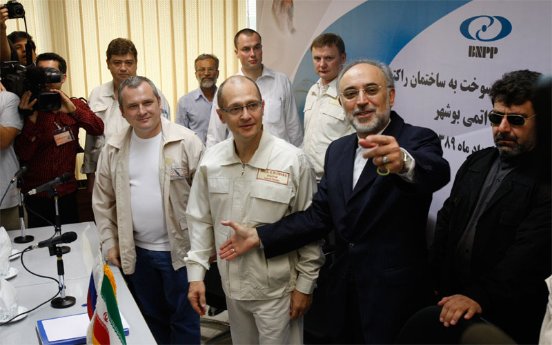 Head of the Iran's Atomic Energy Organization, Ali Akbar Salehi, second right, gestures, during his meeting with the chief of the Russian atomic agency Rosatom, Sergei Kiriyenko, center, at the Bushehr nuclear power plant, just outside the southern city of Bushehr, Iran. (AP)