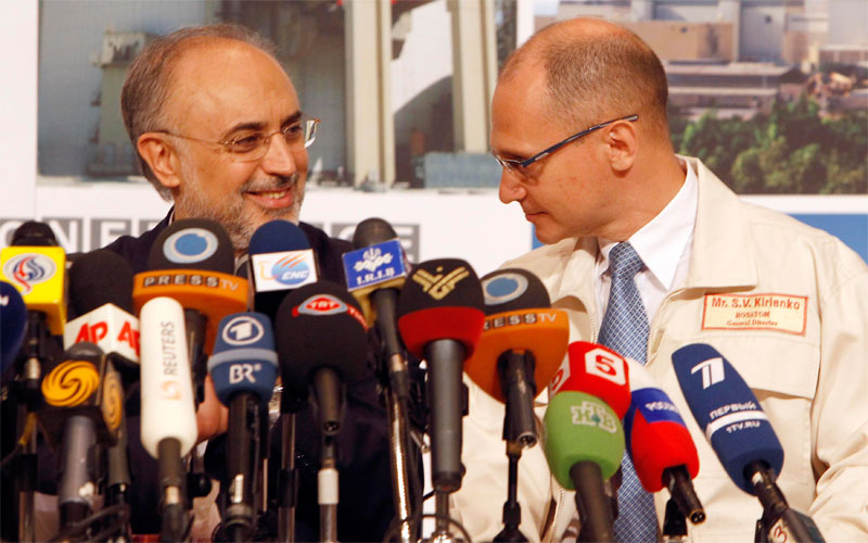 Sergei Kiriyenko (R), head of Russian state nuclear energy corporation Rosatom, and Ali-Akbar Salehi, chief of Atomic Energy Organization of Iran (AEOI), attend a news confrence in Bushehr nuclear power plant, 1,200 km (746 miles) south of Tehran. (REUTERS)