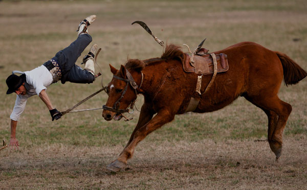 An Argentine gaucho, or cowboy, falls down from a horse as he competes during a rodeo in Jauregui, Argentina. (AP)