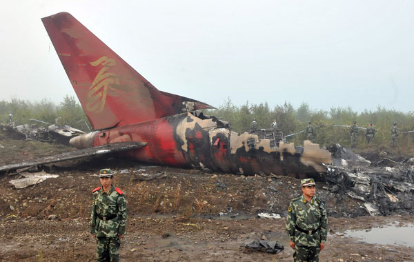 A Chinese passenger jet crashed while trying to land on a fog-shrouded runway in the country's northeast and burst into flames late, killing 42 people and injuring 54 others, state media said Wednesday. (AP)