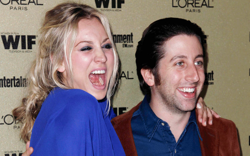 Actress Kaley Cuoco, left, and actor Simon Helberg pose together at the Entertainment Weekly and Women in Film Pre-Emmy Party in West Hollywood, Calif. (AP)