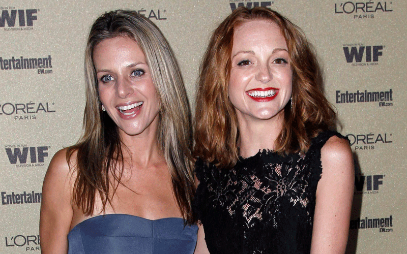 Actresses Jessalyn Gilsig, left, and Jayma Mays pose together at the Entertainment Weekly and Women in Film Pre-Emmy Party in West Hollywood, Calif. (AP)