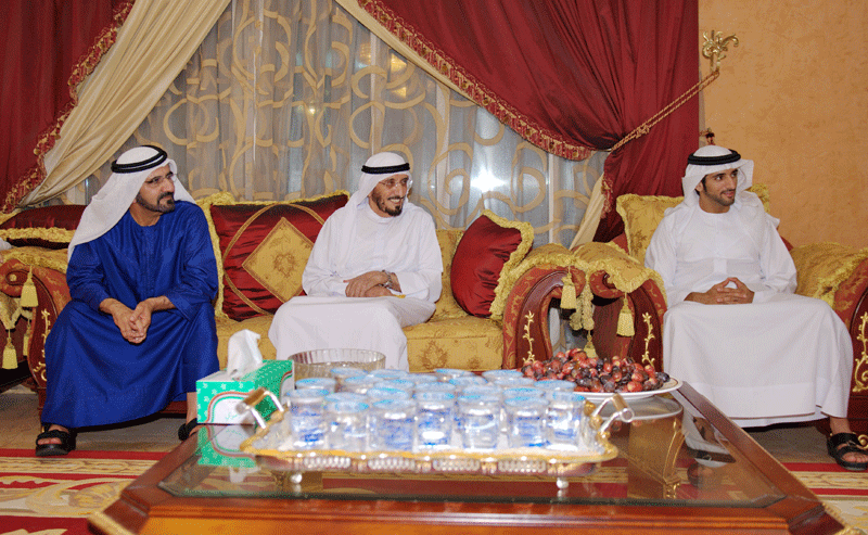 Sheikh Mohammed and Sheikh Hamdan during his visit to the Majlis of Mohammed bin Al Sheikh Mejren in Nad Al Sheba for offering condolences to the bereaved family of Mejren on the demise of the widow of the late Sheikh Al Murr bin Mejren. (WAM)