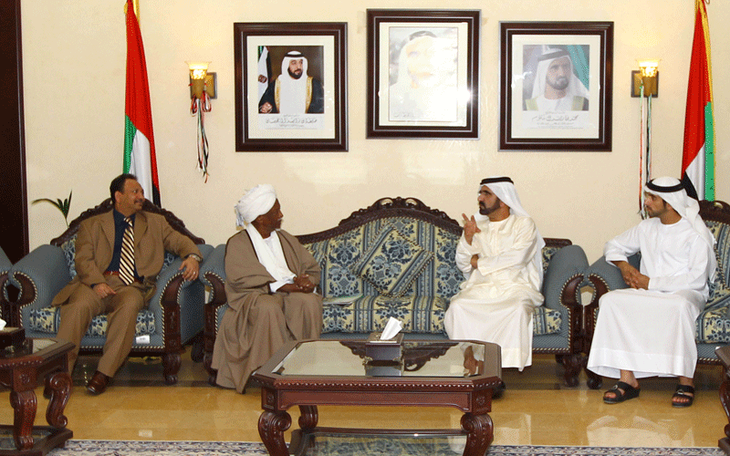 His Highness Sheikh Mohammed bin Rashid Al Maktoum, Vice-President and Prime Minister of the UAE and Ruler of Dubai, in the presence of Sheikh Hamdan bin Mohammed bin Rashid Al Maktoum, Dubai Crown Prince, received on Sunday, Field Marshal Abdel Rahman Mohamed Siwar El Dhahab, former President of Sudan, Chairman of Sudan's Islamic Dawa Organisation and recipient of the Islamic Personality of the Year Award. (WAM)