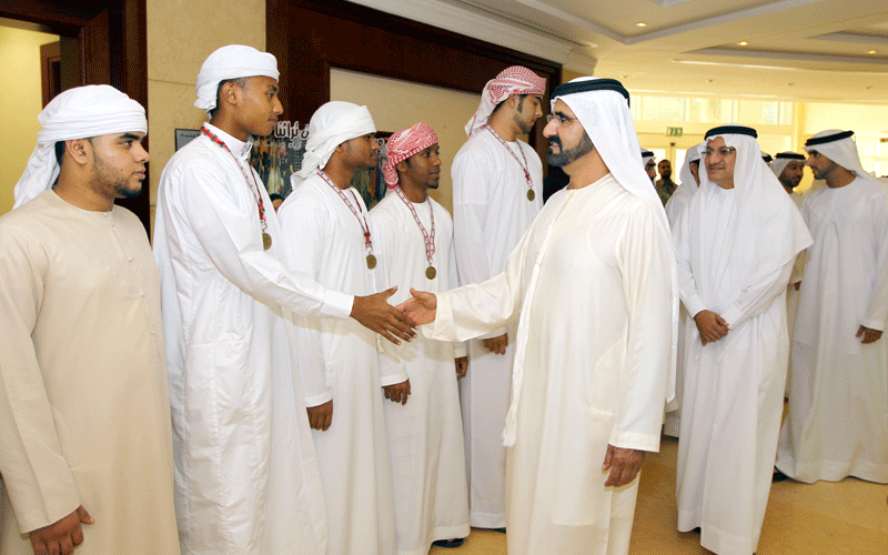 His Highness Sheikh Mohammed bin Rashid Al Maktoum, Vice-President and Prime Minister of the UAE and Ruler of Dubai, and Sheikh Hamdan bin Mohammed bin Rashid Al Maktoum, Dubai Crown Prince, during their visit to the premises of the Ministry of Education in Dubai on Sunday. (WAM)