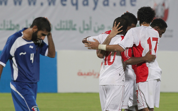 United Arab Emirates-Abu Dhabi players celebrate after their match against Kuwait during their friendly match at the Al-Nhaian stadium in Abu Dhabi. (AFP)