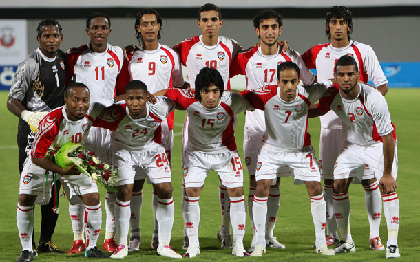 UAE players pose for photographers prior to the start of their friendly soccer match against Kuwait at the Al-Nahyan stadium in Abu Dhabi, United Arab Emirates. (EPA)