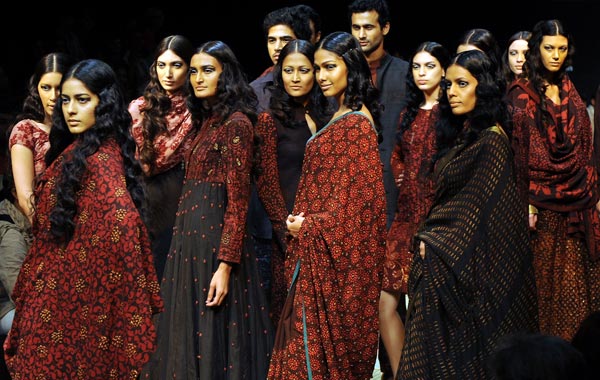 Models showcase creations by Indian designer Soumitra Mondal on the first day of Lakme Fashion Week (LFW) Winter/Festive 2010 in Mumbai.