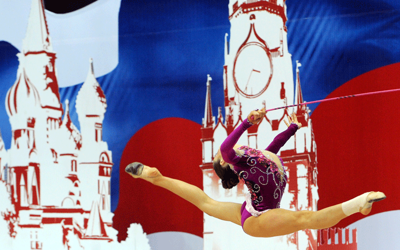 Mariya Mateva of Bulgaria performs with the rope during the 30th Rhythmic Gymnastics World Championships in Moscow. (AFP)