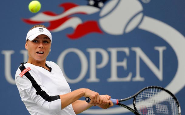 Vera Zvonareva of Russia hits a return to Caroline Wozniacki of Denmark  during their semifinal round match at the 2010 US Open Tennis Championship at the USTA National Tennis Center in Flushing, Meadows, New York, USA. The US Open Championship runs through 12 September when the men's final is scheduled to be played. (EPA)