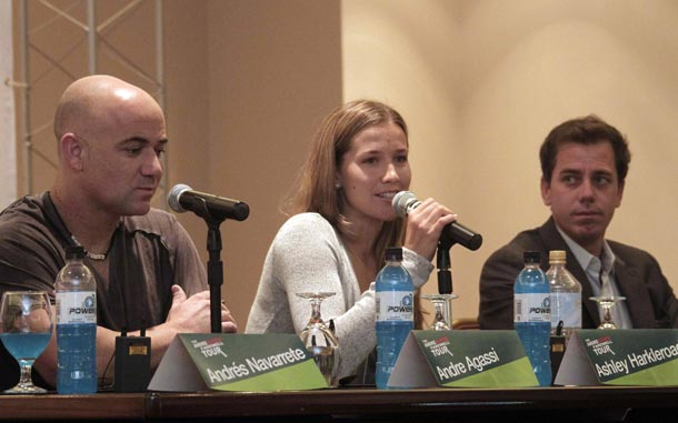 Tennis players Andre Agassi (L), Ashley Harkleroad (C) and Kent Aguero (R) speak during a press conference held in San Jose, Costa Rica, prior to the exhibition matches that they will play as part of the 'Farewell Tour'. (EPA)