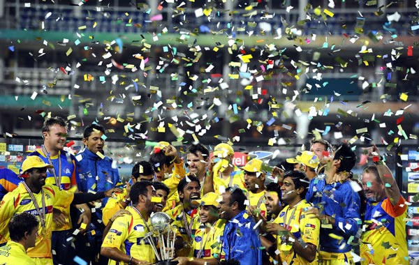 Chennai Super Kings cricket squad celebrate after their victory over the Warriors during the Final of the Champions League Twenty20 League match between Chennai Super Kings and Warriors at the Wanderers Stadium in Johannesburg, South Africa. (AFP)