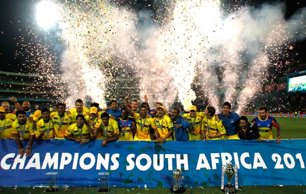 Chennai Super Kings react after winning the final of the Champions League Twenty20 cricket match at the Wanderers Stadium, Johannesburg, South Africa. (AP)