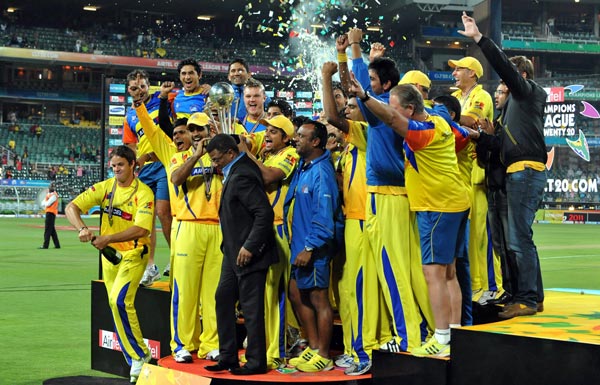 The Kings celebrate victory with the trophy during the 2010 Airtel Champions League Twenty20 final match between Chennai Super Kings and Chevrolet Warriors from Bidvest Wanderers Stadium. (GETTY IMAGES)