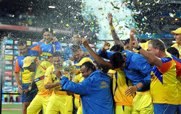 The Kings celebrate victory during the 2010 Airtel Champions League Twenty20 final match between Chennai Super Kings and Chevrolet Warriors from Bidvest Wanderers Stadium. (GETTY IMAGES)