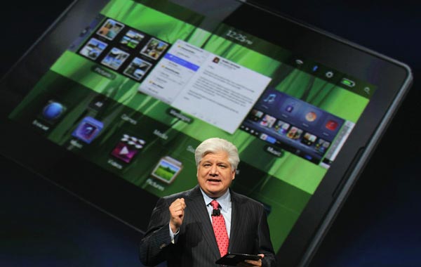 RIM President and Co-Chief Executive Officer Mike Lazaridis announces the new BlackBerry PlayBook as he delivers a keynote address at the BlackberryDevCon 2010. (AFP)