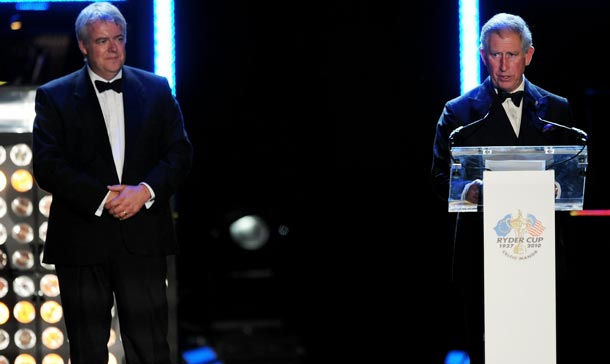 Prince Charles, Prince Of Wales (R) speaks onstage during Welcome To Wales at Millennium Stadium. (GETTY IMAGES)