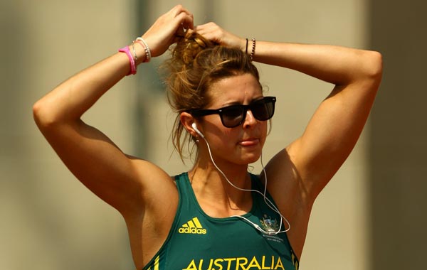 Amanda Bisk of Australia ties her hair back during training ahead of the Delhi 2010 Commonwealth Games on October 1, 2010 in Delhi, India. (GETTY IMAGES)