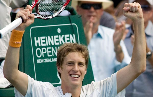 New Zealand's Marcus Daniell reacts after winning the doubles final with partner Horia Tecau at the Auckland Open tennis tournament. (REUTERS)