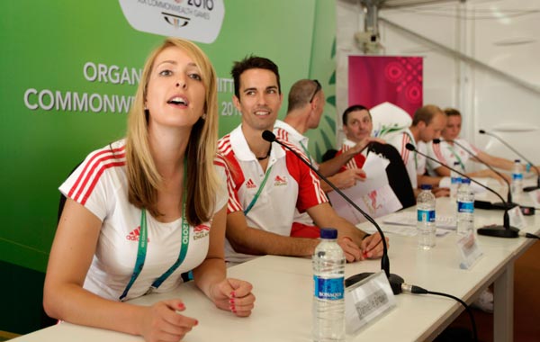 England athletes Danielle Brown, left, and Nathan Robertson, second from left, attend a press conference at the Commonwealth Games athletes' village in New Delhi, India. (AP)