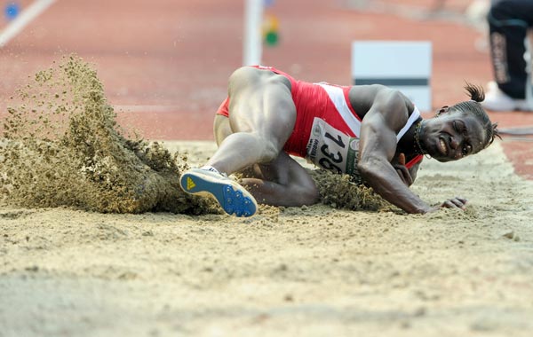 Ghana's Margret Simpson competes during the heptathlon Long jump event of the Track and Field competition of the XIX Commonwealth games. (AFP)