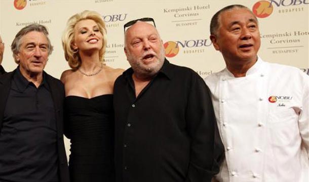 Robert De Niro, Japanese chef Nobu Matsuhisa (R), Hungarian born director Andrew Vaina (2nd R) and his girlfriend Eva (2nd L) attend the official opening of Nobu restaurant in Budapest. (REUTERS)